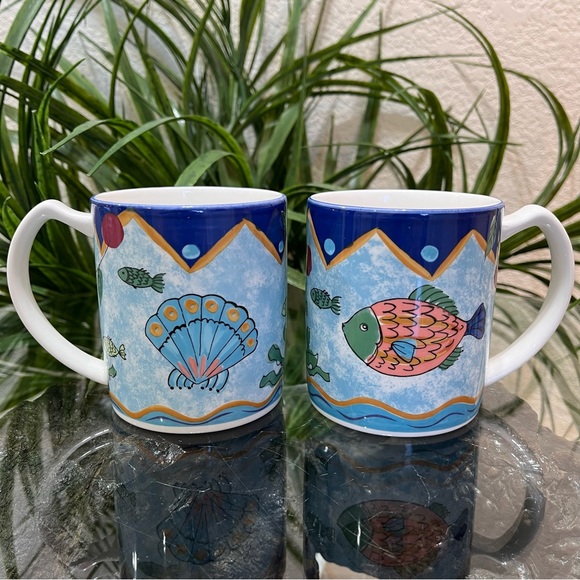 🐡MIKASA🐡 Set Of Two Fashion Plate Ocean Collage 12 oz Porcelain Coffee Mugs - Picture 1 of 13